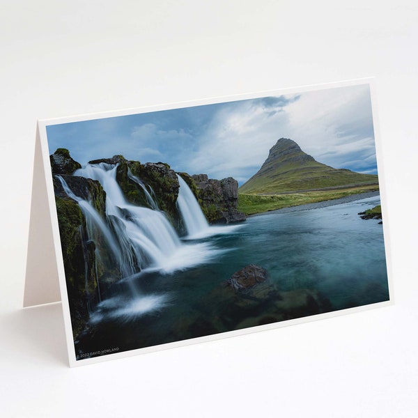 Stormy Sunset at Kirkjufellsfoss Waterfall 5x7 Note Card - landscape photography of storm clouds gathering over Kirkjufell in Iceland