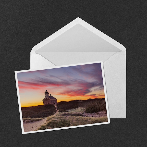 North Lighthouse Block Island Sunrise Note Card - 5x7 landscape photo of sunrise behind the beach at North Lighthouse on Block Island