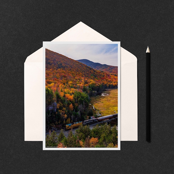 The Mountaineer 5x7 Note Card - photo of a yellow train moving through the fall foliage in Crawford Notch, New Hampshire