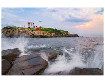 Summer Sunset Storm at Nubble Lighthouse Print - Maine Coast Wall Art - Dramatic Ocean Waves Canvas - York New England Coastal Photography