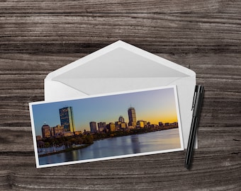 Back Bay Blue and Gold Sunset Greeting Card - panorama photo of sunset over Boston skyline from the Longfellow Bridge