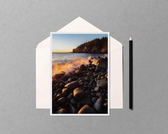 Dawn at Ocean Drive 5x7 Notecard | Acadia National Park Maine Coastal Sunrise Blank Greeting Card | Rocky Shore New England Stationery