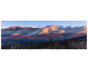 Franconia Notch Winter Alpenglow Print - White Mountains New Hampshire Winter Landscape Photography - Panoramic Mountain Sunset Wall Art