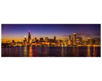 Chicago Skyline at Blue Hour Panorama Print - Lake Michigan Sunset View - Urban Cityscape Wall Art - Illinois Downtown City Lights and Decor