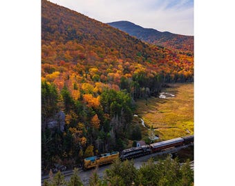 The Mountaineer in Crawford Notch - Fall Foliage Train Print, White Mountains New Hampshire Photography, Autumn Landscape Wall Art