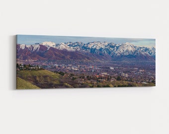 Salt Lake City and the Wasatch at Dusk Canvas - panorama photo of the Wasatch Mountains, University of Utah, and Salt Lake City skyline