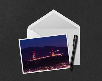 Golden Gate Bridge 5x7 Note Card - photo of headlights illuminating the Golden Gate Bridge at sunset in San Francisco, California