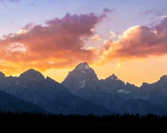 Grand Teton Trees and Sunset Print - panorama photo of sunset over the peaks of the Teton Range in Grand Teton National Park