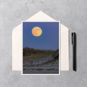 Chapin Beach Moonrise Note Card - Carte de note photo 5x7 de la presque pleine lune se levant sur Chapin Beach, Dennis, Cape Cod, Massachusetts