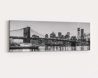 Black and White Brooklyn Bridge Panorama Canvas Wrap - black and white photo of the New York City skyline across the East River