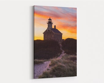 Block Island North Light Sunrise Canvas Gallery Wrap - sunrise behind the lighthouse and beach dunes path of Block Island, Rhode Island