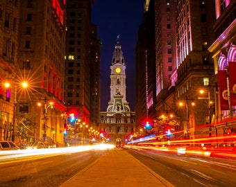 Broad Street Blast Metal Print - photo of City Hall and a busy Broad Street on a calm summer night in Philadelphia, Pennsyvlania