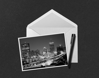 Boston Skyline and Bridges 5x7 Note Card - Black and white photo greeting card of the city skyline, Tobin, and Zakim bridges