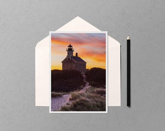 Block Island North Lighthouse Sunrise 5x7 Notecard - Rhode Island Blank Greeting Card - New England Stationery - Lighthouse Correspondence