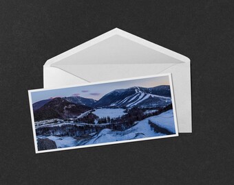 Franconia Notch Winter Sunset 4x9 Note Card - panorama photo of sunset behind Cannon Mountain and Mt Lafayette in Franconia Notch State Park