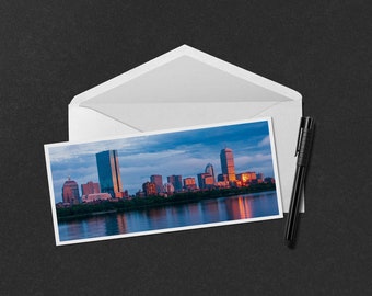 Back Bay Boston Sunset Panorama Note Card - hand signed 4x9 panorama Note Card of sunset over the Boston skyline from the Longfellow Bridge