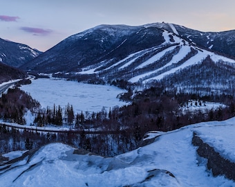 Franconia Notch Winter Sunset Print - panorama photo of sunset behind Cannon Mountain and Mt Lafayette in Franconia Notch State Park