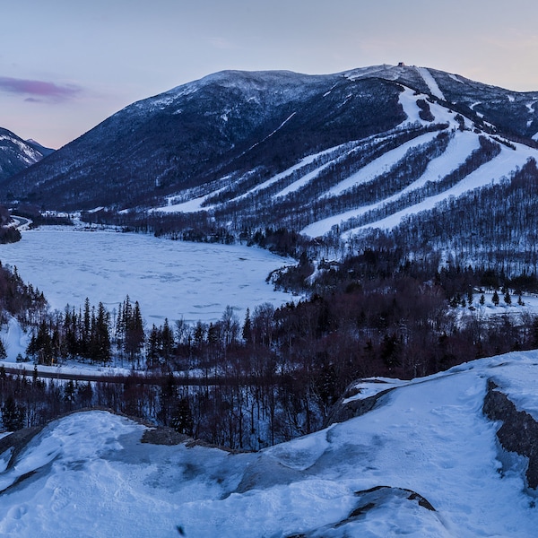 Franconia Notch Winter Sunset Print - panorama photo of sunset behind Cannon Mountain and Mt Lafayette in Franconia Notch State Park