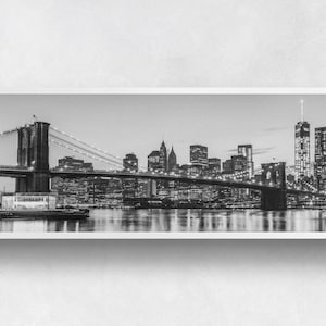 Black and White Brooklyn Bridge Panorama Print - black and white photo of the New York City skyline across the East River