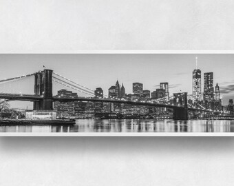 Black and White Brooklyn Bridge Panorama Print - black and white photo of the New York City skyline across the East River