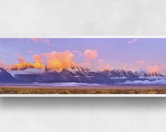 Sunrise Alpenglow on the Teton Range Canvas Wrap - panorama photo of the sun rising on the mountains of Grand Teton National Park