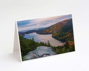 Jordan Pond Fall Foliage 5x7 Note Card - fine art photo greeting card of autumn sunrise in Acadia National Park, Maine