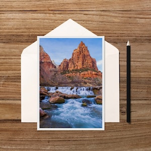 Court of the Patriarchs Waterfall 5x7 Note Card - leere Foto-Grußkarte eines Wasserfalls am Virgin River im Zion National Park, Utah