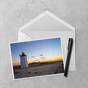 Long Point Lighthouse Sunset Note Card - Carte de note 5x7 du coucher de soleil sur le phare de Long Point dans le Cape Cod National Seashore