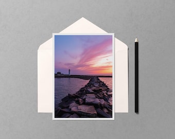 Sunrise at Scituate Lighthouse 5x7 Notecard - Massachusetts New England Lighthouse Coastal Blank Greeting Card Set for Beach Lover Gift