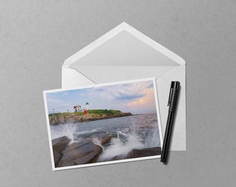 Summer Sunset Storm at Nubble Lighthouse 5x7 Notecard - Maine Coast Blank Greeting Card Set - Coastal Stationery - York Beach Thank You