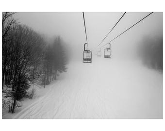 The Wilderness Chair - Black and White Ski Lift Art Print, Vermont Mountain Photography, Snowstorm Wall Art, New England Winter Decor