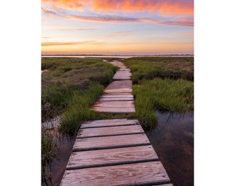 Sunset over Barnstable Harbor Print - Cape Cod Salt Marsh Boardwalk Photo, Massachusetts Coastal Wall Art, Orange Sky Beach Home Decor