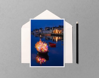 Christmas Dinghy in Nantucket Harbor 5x7 Blank Notecard | Holiday Festive Coastal Greeting Card | New England Nautical Stationery