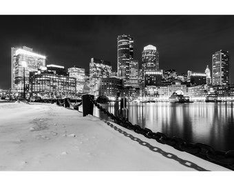 Boston Skyline Giclee Print - Black and white fine art photo of a snowy Boston Harbor and skyline from Fan Pier near Moakley Courthouse