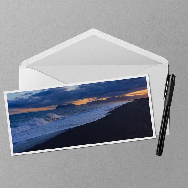 Hvalnes Beach Iceland Sunset Note Card - 4x9 panorama photo of waves at Hvalnes Nature Reserve, Stokksnes Pensinsula, and Vestrahorn