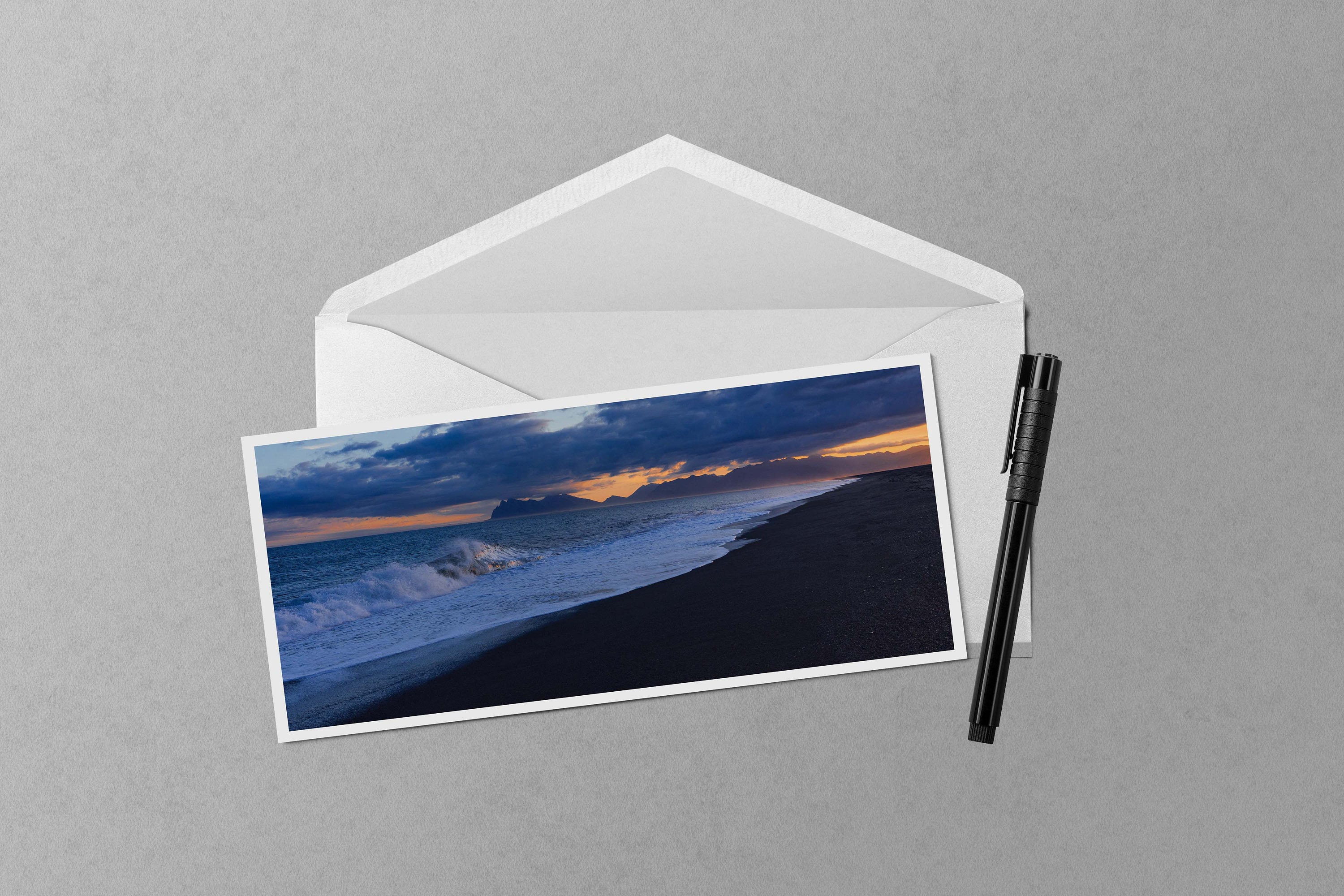 Hvalnes Beach Iceland Sunset Note Card - 4x9 panorama photo of waves at Hvalnes Nature Reserve, Stokksnes Pensinsula, and Vestrahorn