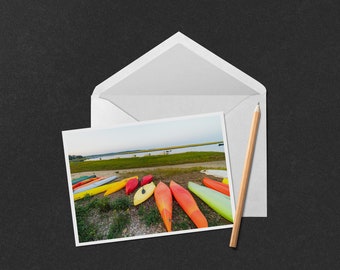 Kayaks at Hemenway Landing 5x7 Note Card - photo of colorful kayaks hauled out on the beach in front of Nauset Marsh in Eastham on Cape Cod