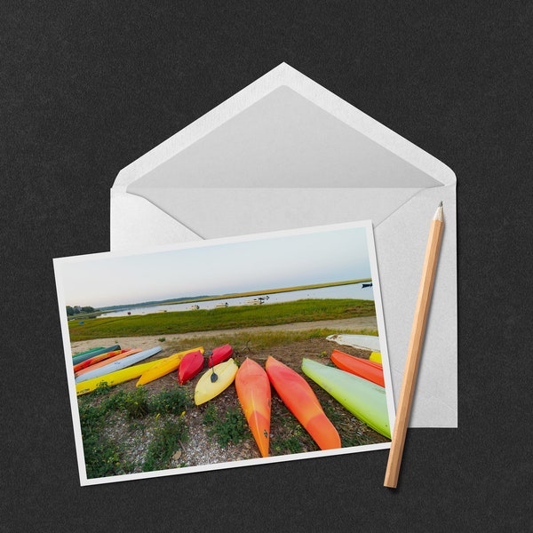 Kayaks at Hemenway Landing 5x7 Note Card - photo of colorful kayaks hauled out on the beach in front of Nauset Marsh in Eastham on Cape Cod