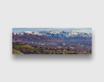 Salt Lake City and the Wasatch at Dusk Print - panorama photo of the Wasatch Mountains, University of Utah, and Salt Lake City skyline