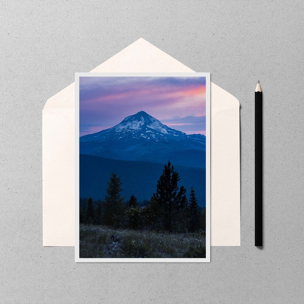 Wildfire Sunset over Mount Hood 5x7 Note Card - photo of the sun setting behind Mt Hood in the Pacific Northwest, Oregon