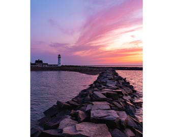 Sunrise at Scituate Lighthouse Print - Massachusetts Coastal Wall Art, New England Nautical Photography Framed Canvas for Beach Home Decor