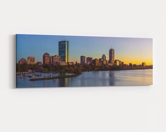 Back Bay Boston Golden Sunset Panorama Canvas Gallery Wrap - wide angle photo of sunset reflecting off the skyscrapers of Boston's Back Bay