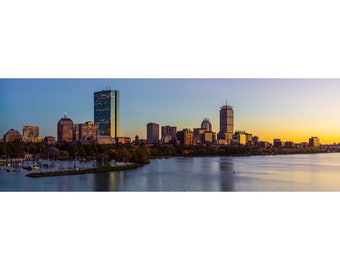 Back Bay Blue and Gold Sunset Metal Print - panorama photo of sunset over Boston skyline the from the Longfellow Bridge printed on aluminum