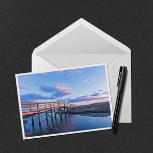 Ridgevale Crossing 5x7 Note Card - photo d’un coucher de soleil hivernal froid sur l’herbe de la plage et les dunes de Ridgevale Beach à Chatham sur Cape Cod