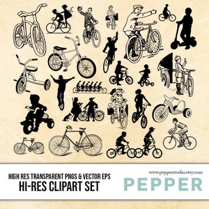 Biciclette e Trike - Clipart Retrò - 23 Illustrazioni Vintage, Bicicletta, Triciclo, Bambini, Silhouette, Estate