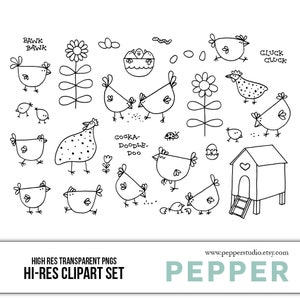 Poulailler Doodle Clipart Set - poussins, poules, coqs, ferme, fleurs, Salut Res dessinés à la main imprimable Illustrations, png Transparent