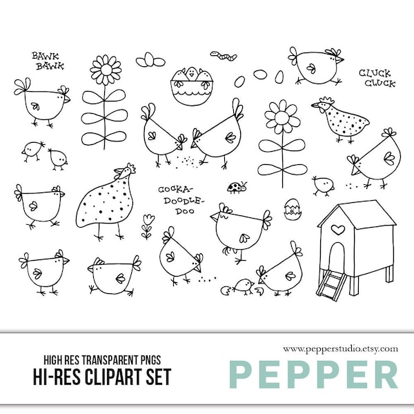 Chicken Coop Doodle Clipart Set - Chicks, Chickens, Roosters, Farm, Flowers, Hi Res Printable Hand Drawn Illustrations, Transparent PNGs