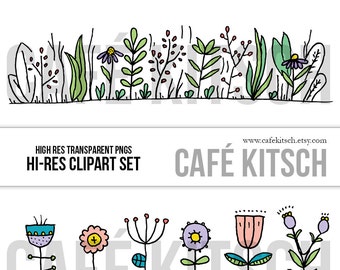 Wildflower Border Clip Art Set - Doodle Elements - Prairie Flower Border Frame Clipart