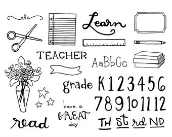 Teacher Doodle Clipart - Back to School, Kids, Elementary School, Learn, Read, Doodle, Clipart, Hand Drawn Illustrations, Blackline, PNGs