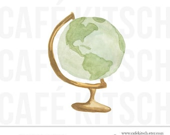 Globe Clipart - Hi Res Printable Globe Watercolor Doodle Illustration for Blogs or Scrapbooks